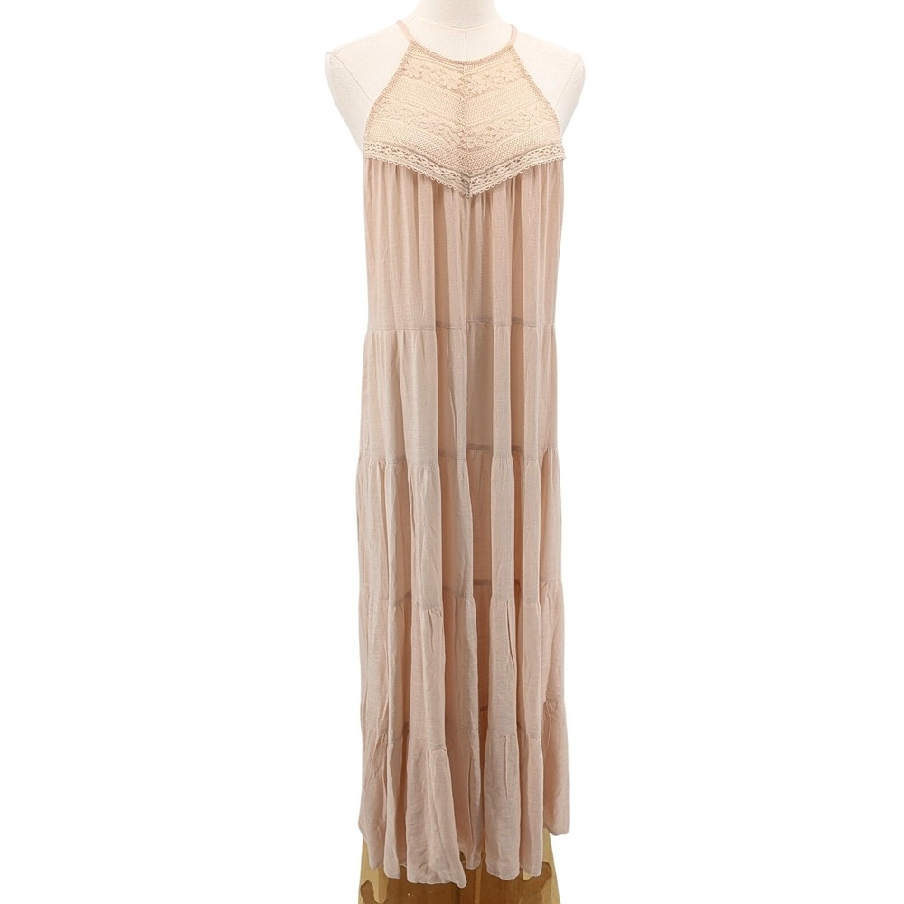By The River‎ Maxi Dress Lace Tiered Boho Flowy Sleeveless Beige L